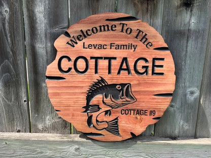 Custom Cottage Sign | Personalized Wood Sign | Wooden Lakehouse Sign | Custom Engraved Wood Sign| Fishing Bass