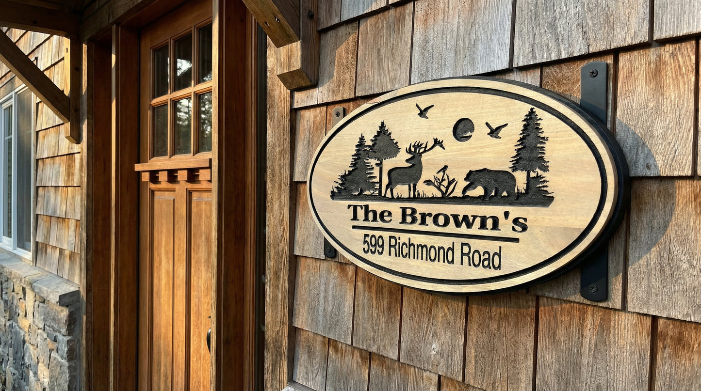 Wood Address Sign With Nature Scene