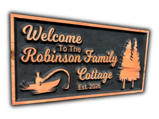 3D Cottage Sign With Boat and Trees