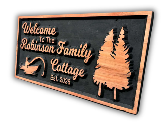 3D Cottage Sign With Boat and Trees