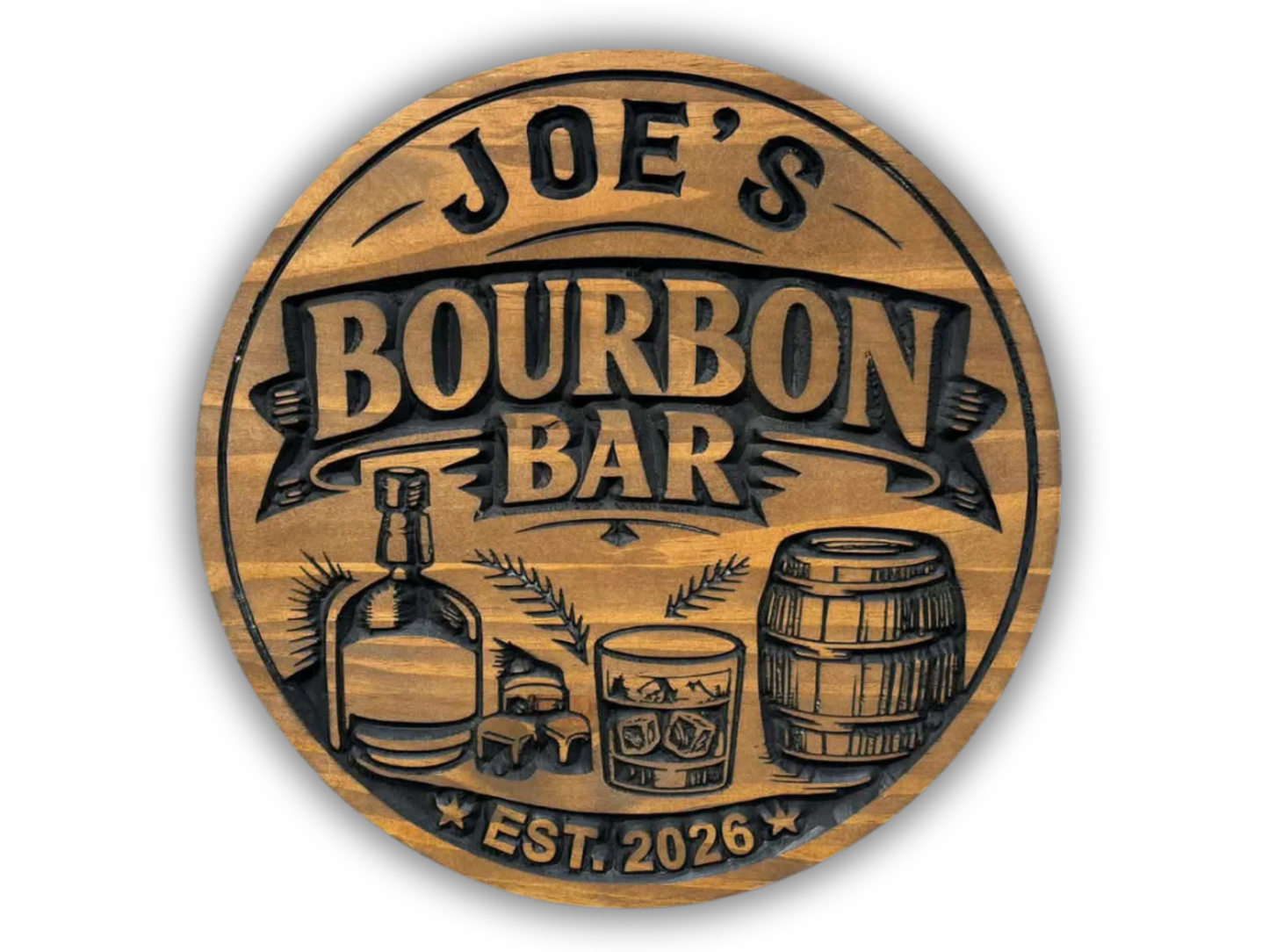 Personalized Bourbon Bar Wood Sign | Custom Whiskey Barrel Wall Decor