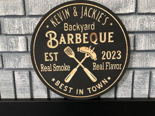 Custom Wooden BBQ Sign | Spatula and Sausage | Personalized Backyard Sign |