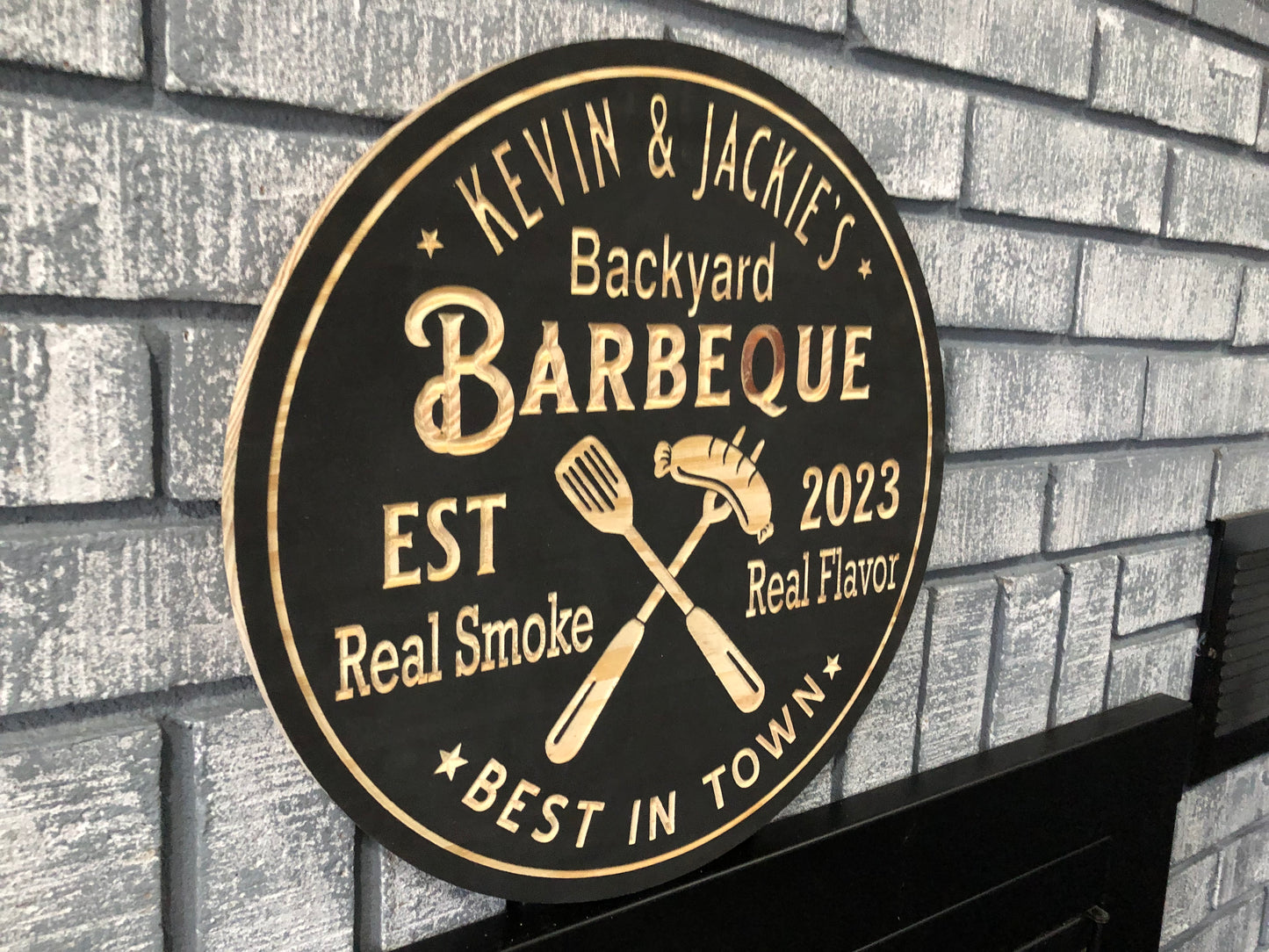 Custom Wooden BBQ Sign | Spatula and Sausage | Personalized Backyard Sign |