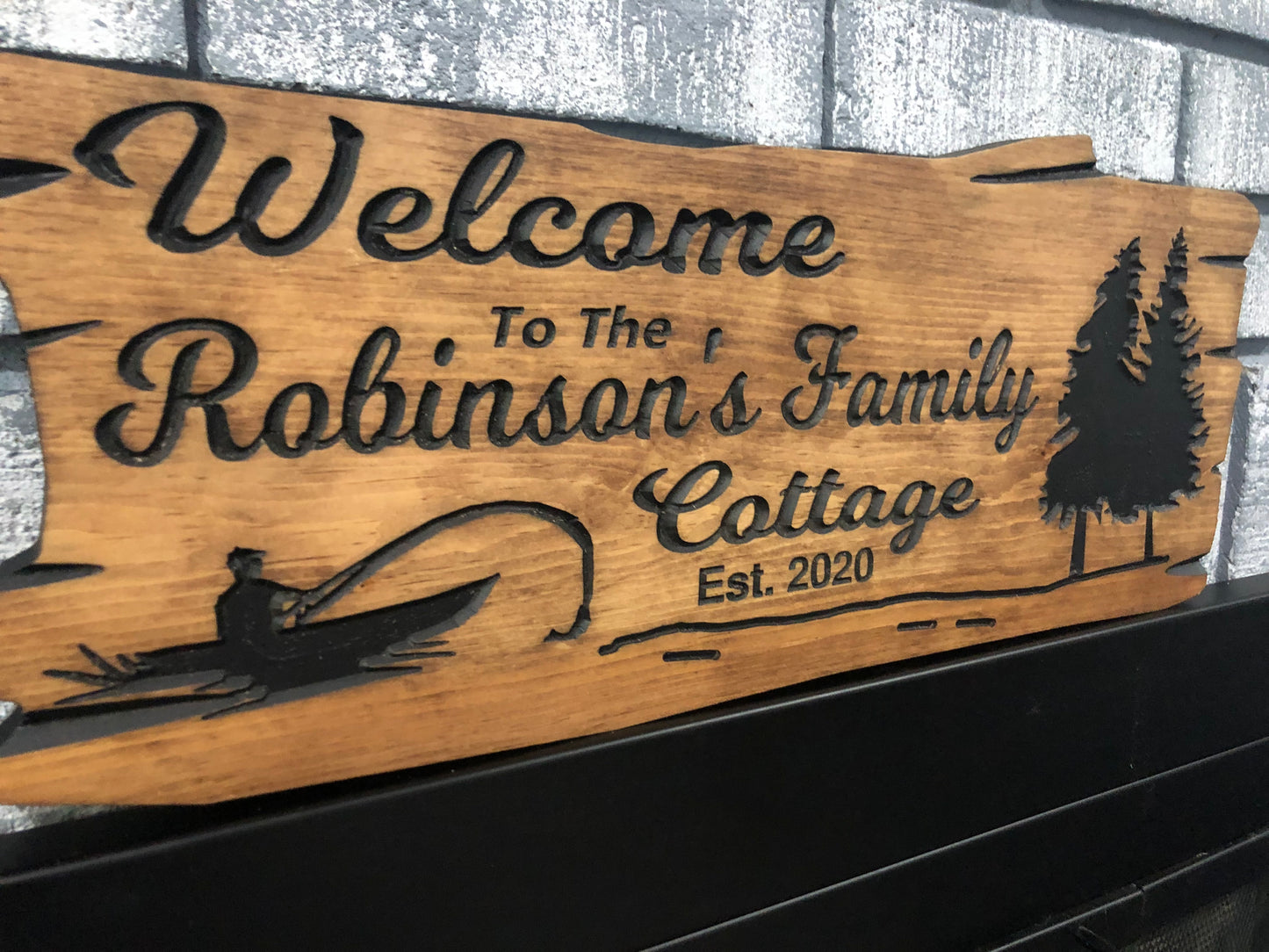 Custom Wooden Cottage Sign | Personalized Family Name Sign | Fishing Boat | Trees |