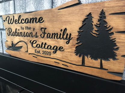 Custom Wooden Cottage Sign | Personalized Family Name Sign | Fishing Boat | Trees |