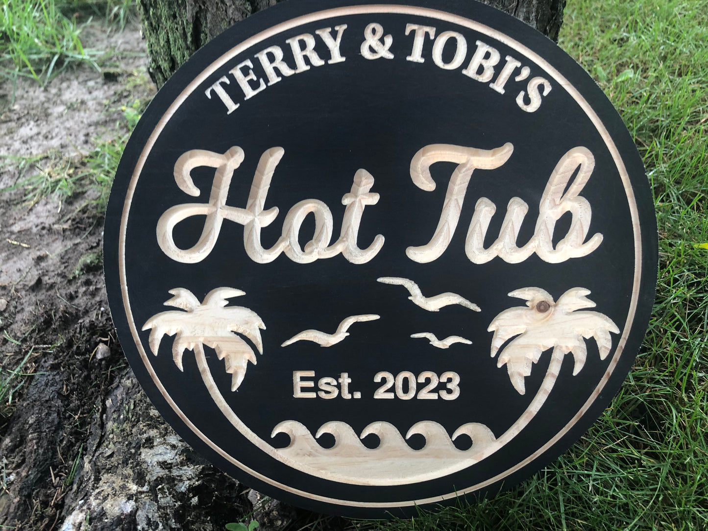 Custom Wooden Hot Tub Sign | Palm Trees | Personalized Family Name Sign |