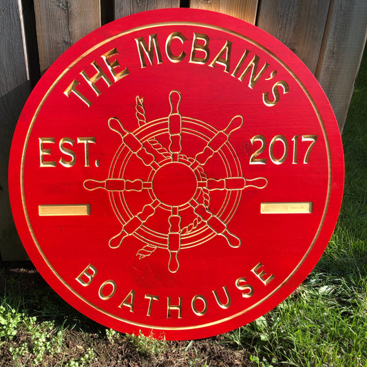 Custom Wooden Boathouse Sign | Ship Wheel Cottage | Personalized Lakehouse Decor |