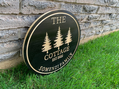 Custom Wooden Cottage Sign | Three Trees | Personalized Family Name Sign |