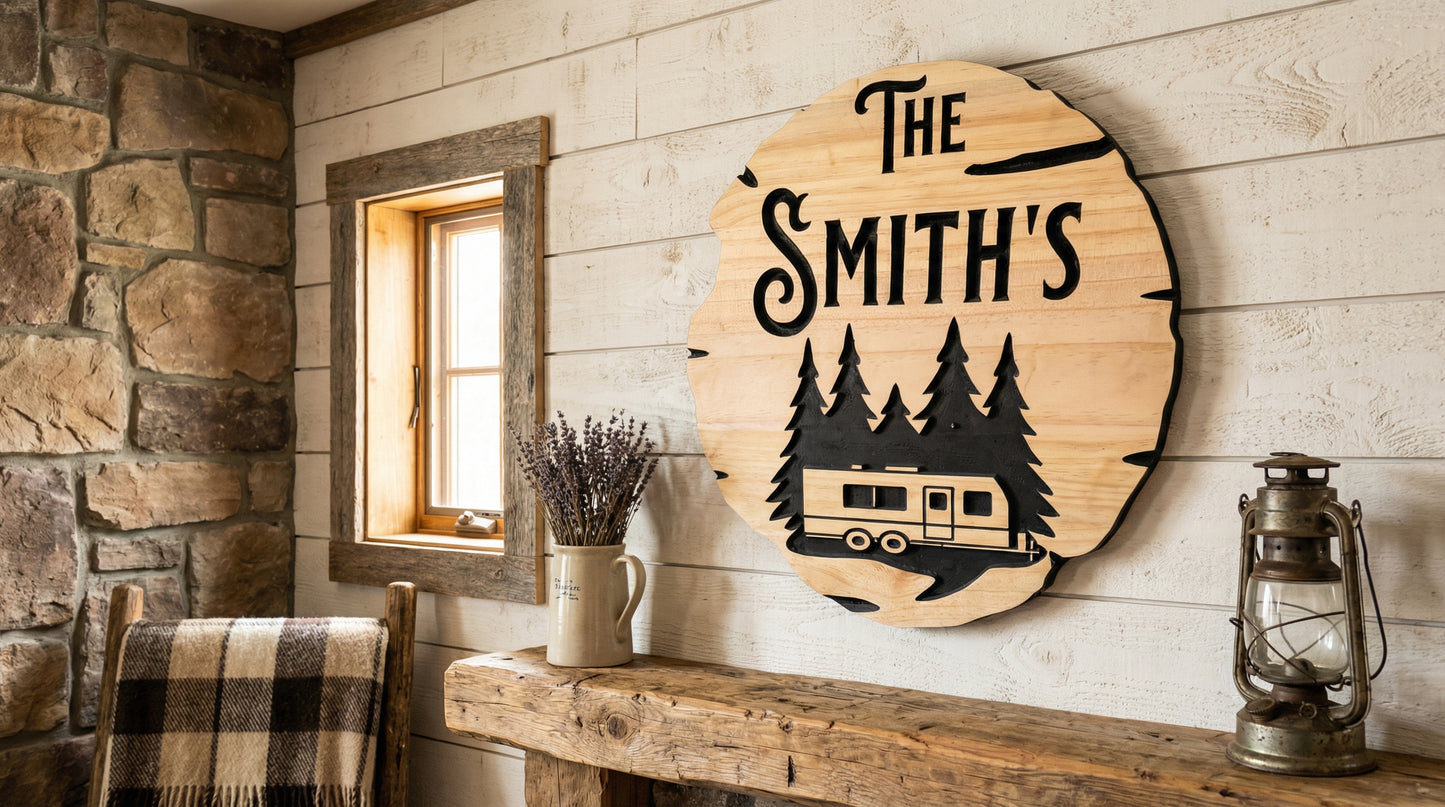 Rustic Circular Trailer Sign | Personalized Wooden Decor