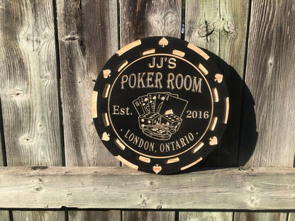 Custom Poker Sign | Personalized Wood Sign | Wooden Poker Room Sign | Custom Engraved Wood Sign | Engraved Poker Chip Mancave Sign, Casino