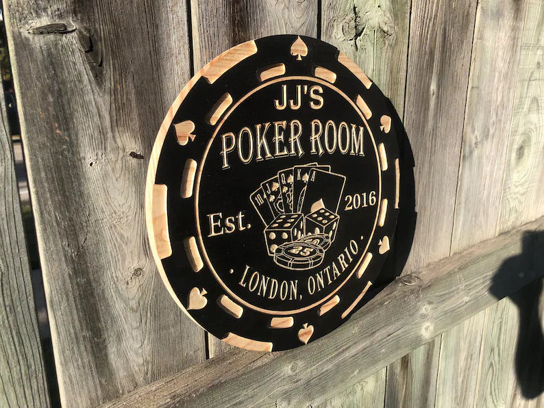 Custom Poker Sign | Personalized Wood Sign | Wooden Poker Room Sign | Custom Engraved Wood Sign | Engraved Poker Chip Mancave Sign, Casino