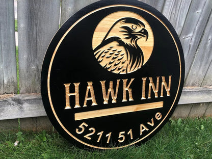 Custom Outdoor Cottage Sign | Personalized Wood Sign | Wooden Lakehouse Sign | Custom Engraved Wood Sign | Outdoor Sign Hawk Sign