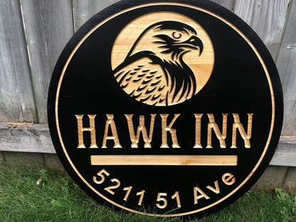 Custom Outdoor Cottage Sign | Personalized Wood Sign | Wooden Lakehouse Sign | Custom Engraved Wood Sign | Outdoor Sign Hawk Sign