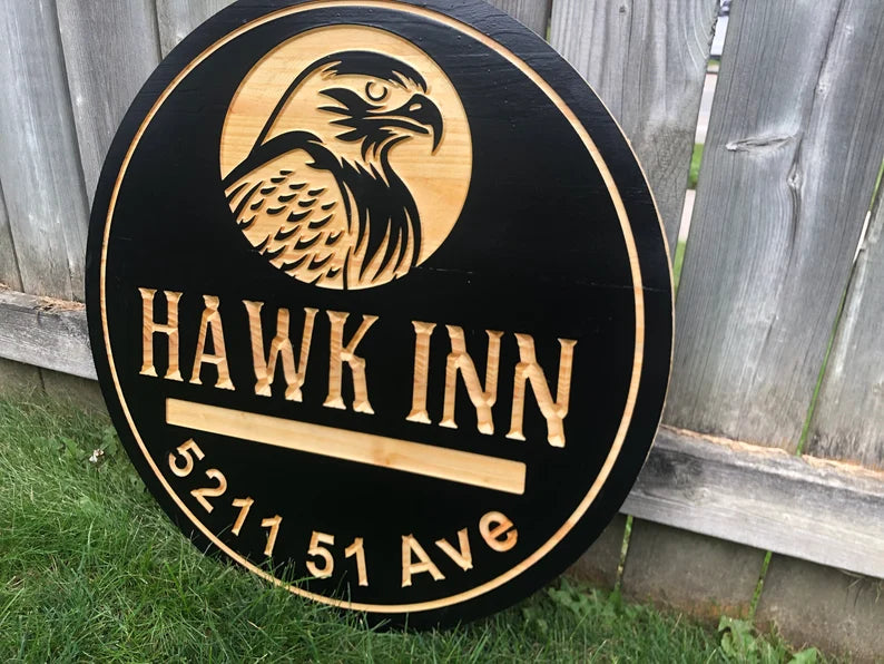 Custom Outdoor Cottage Sign | Personalized Wood Sign | Wooden Lakehouse Sign | Custom Engraved Wood Sign | Outdoor Sign Hawk Sign