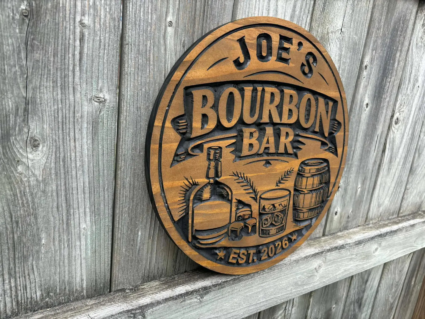 Personalized Bourbon Bar Wood Sign | Custom Whiskey Barrel Wall Decor