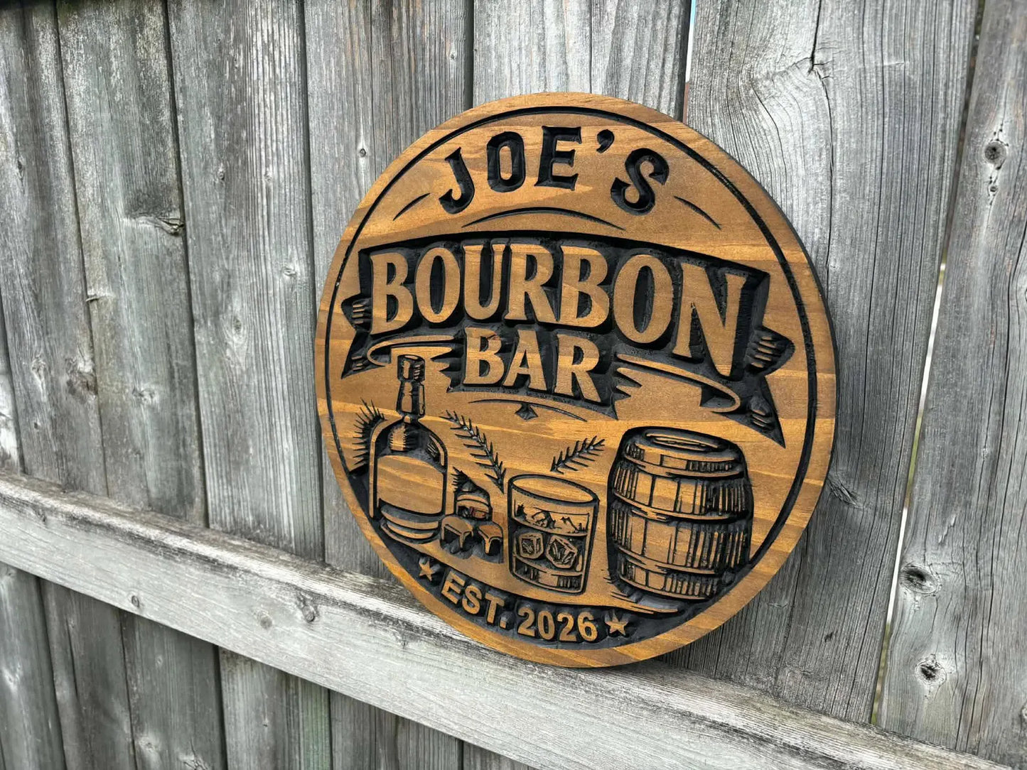 Personalized Bourbon Bar Wood Sign | Custom Whiskey Barrel Wall Decor