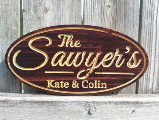 Custom Outdoor Wooden Sign Engraved Housewarming Gift Anniversary Gift Carved Wood Cottage Sign Rustic Oval Personalized Family Name Decor