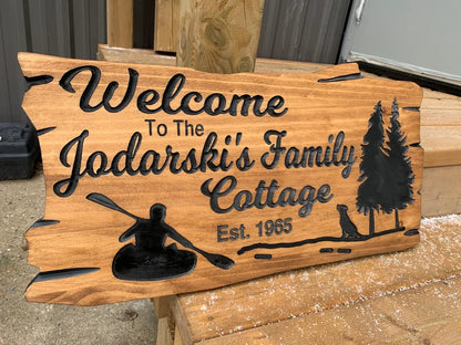 Outdoor Cottage kayak Sign | Custom Cottage Sign | Wood Cottage Sign | Anniversary Gift | Welcome Sign | Rustic Cottage Sign | Engraved Sign