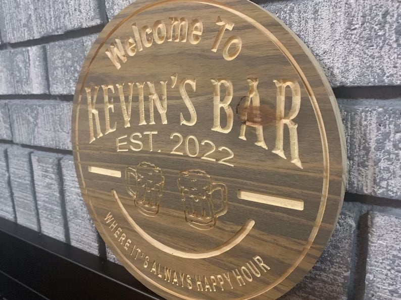 Custom Wood Bar Sign | Custom Name Engraving | Personalized Bar Sign | Engraved Wooden Sign | Wood Sign | Outdoor Round Sign | Circle Decor