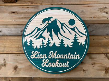 Mountain Lion Sign, Circular Sign Custom Cottage Sign | Personalized Wood Sign | Wooden Lakehouse Sign | Custom Outdoor Engraved Wood Sign