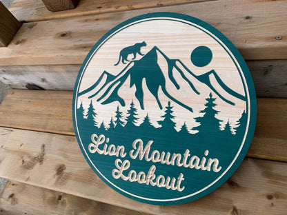 Mountain Lion Sign, Circular Sign Custom Cottage Sign | Personalized Wood Sign | Wooden Lakehouse Sign | Custom Outdoor Engraved Wood Sign