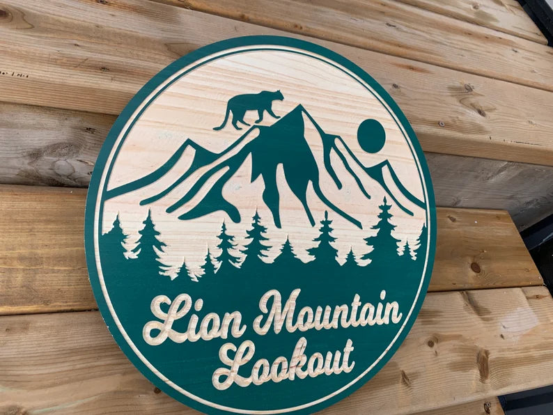 Mountain Lion Sign, Circular Sign Custom Cottage Sign | Personalized Wood Sign | Wooden Lakehouse Sign | Custom Outdoor Engraved Wood Sign