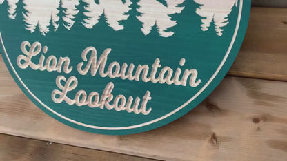 Mountain Lion Sign, Circular Sign Custom Cottage Sign | Personalized Wood Sign | Wooden Lakehouse Sign | Custom Outdoor Engraved Wood Sign