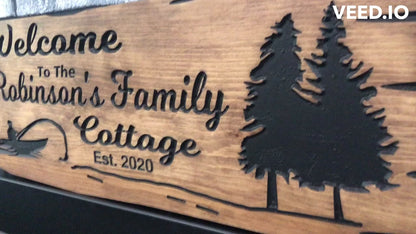 Custom Wooden Cottage Sign | Personalized Family Name Sign | Fishing Boat | Trees |