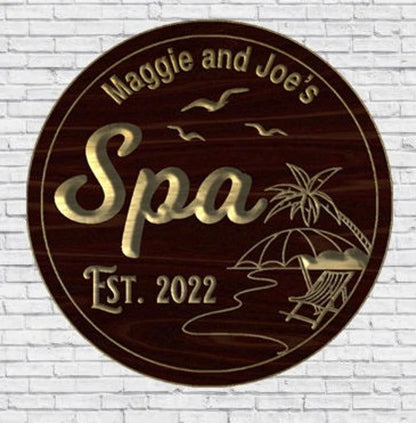 Custom Family Name Sign | Personalized Wood Sign | Round Wooden Name Sign | Custom Engraved Wood Sign | Spa Art | Spa Circular Sign |