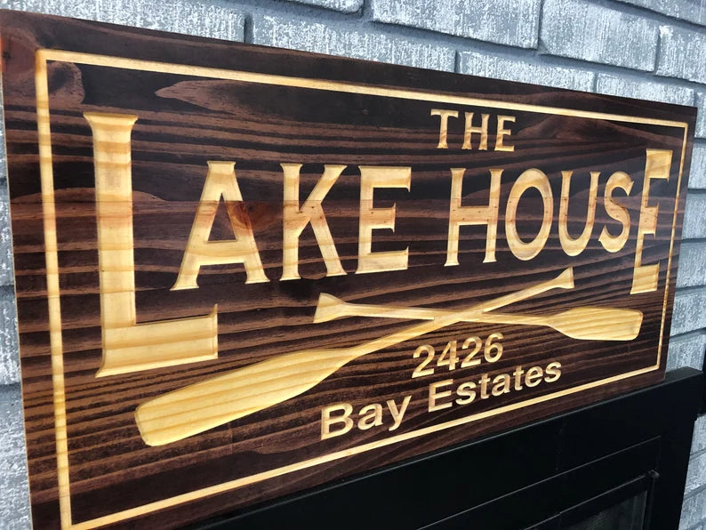 Outdoor Lake House Sign | Wooden Cottage Sign | Custom Cottage sign | Engraved Sign | Personalized Sign | Address Sign | Rustic Wood Sign